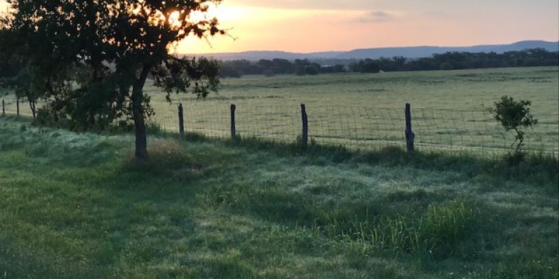 Hill Country sunset over a grassy pasture