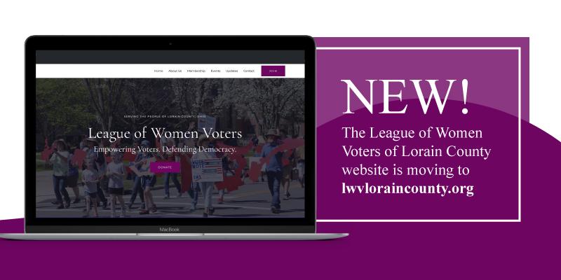 A laptop computer displaying the new website with text URL for https://lwvloraincounty.org/