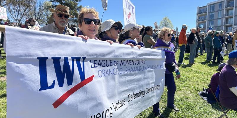 Members behind LWVODC banner at No Kings march, Mar. 28, 2026