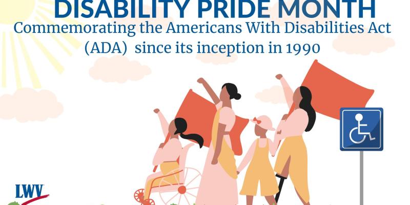Celebrating Disability Pride month-4 figures, flags, handicap parking sign