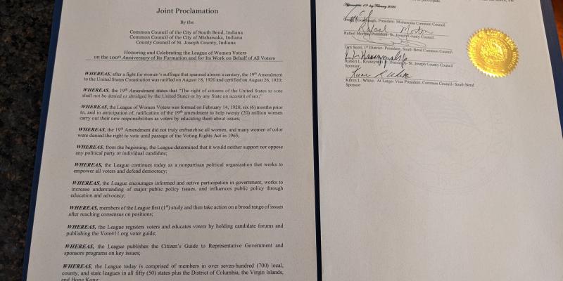 Joint Resolution of South Bend Common Council, Mishawaka Common Council, St. Joeeph County Council Feb 10, 2020 Joint Resolution Honoring LWV 100th Anniversary Feb 10, 2020