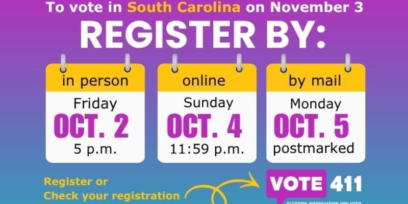 Register by October 3 to vote in the Nov election in South Carolina 