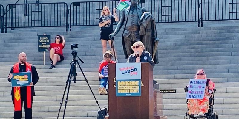 Lynn Teague speaks from the State House steps, Workers Over Billionaires Rally, Labor Day 2025 State House 