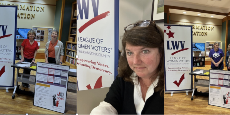 Three photos of League members reigstering voters