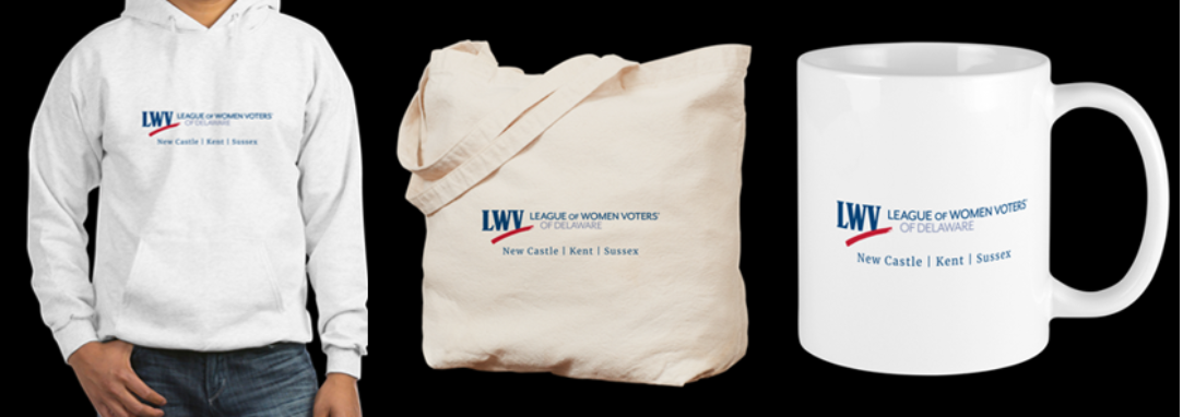 photo of sweatshirt, tote and mug with LWVDE logo