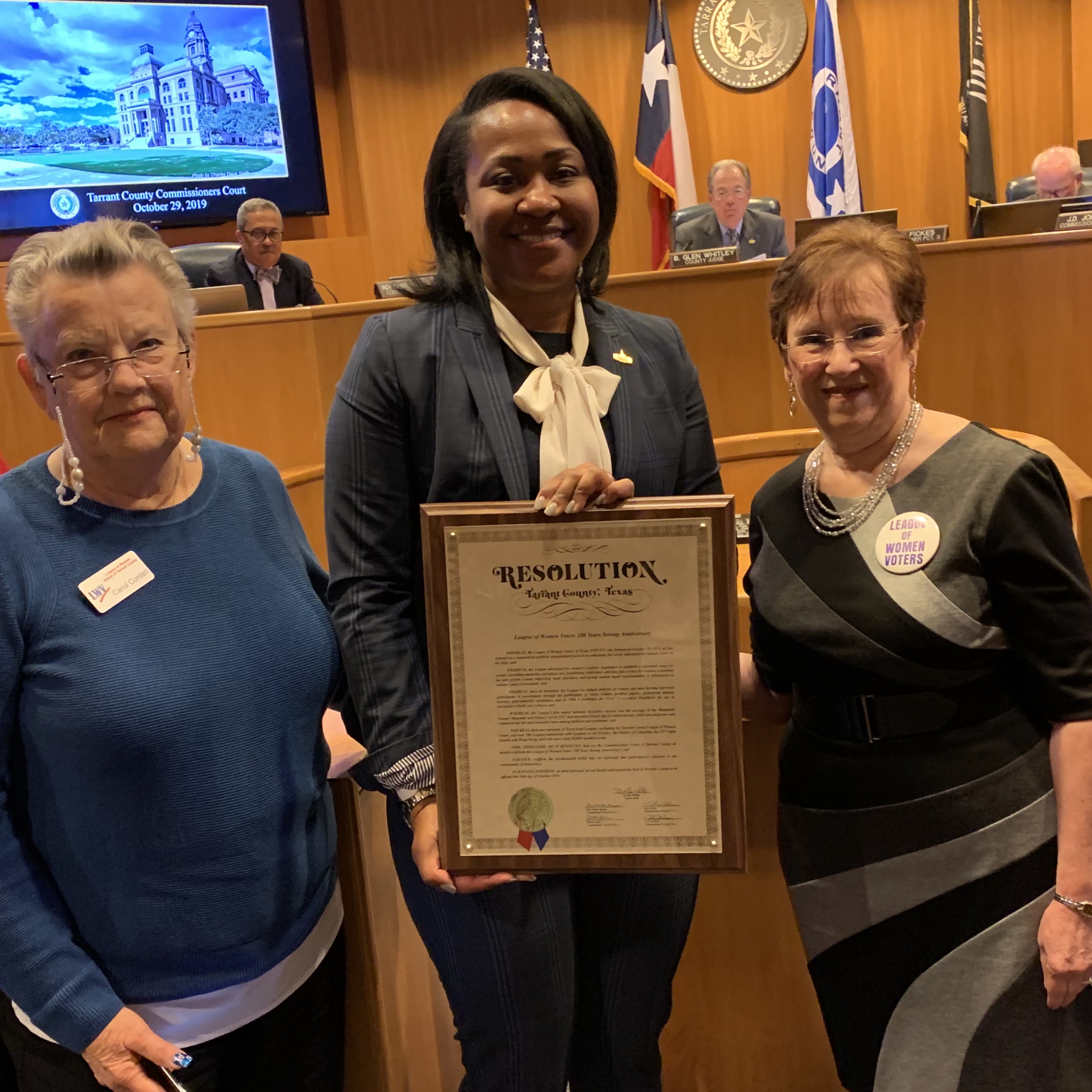 LWV Tarrant County honored by Commissioners Court Resolution