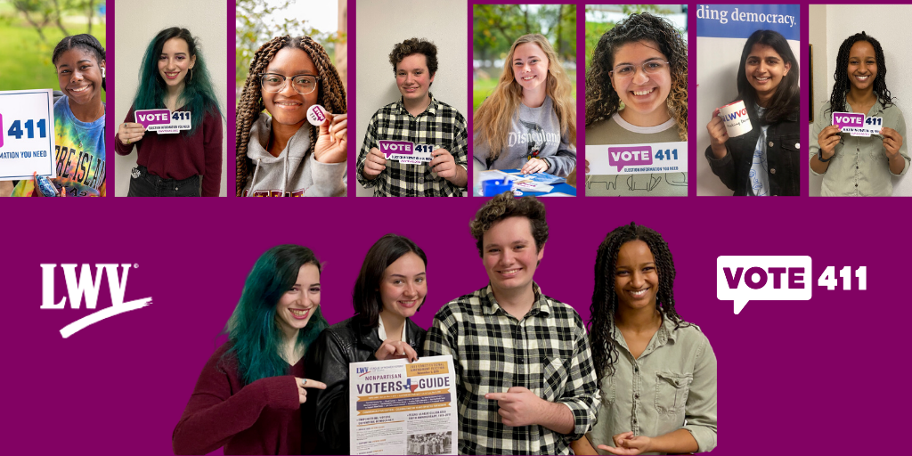 VOTE411 with young folks holding a Voters Guide