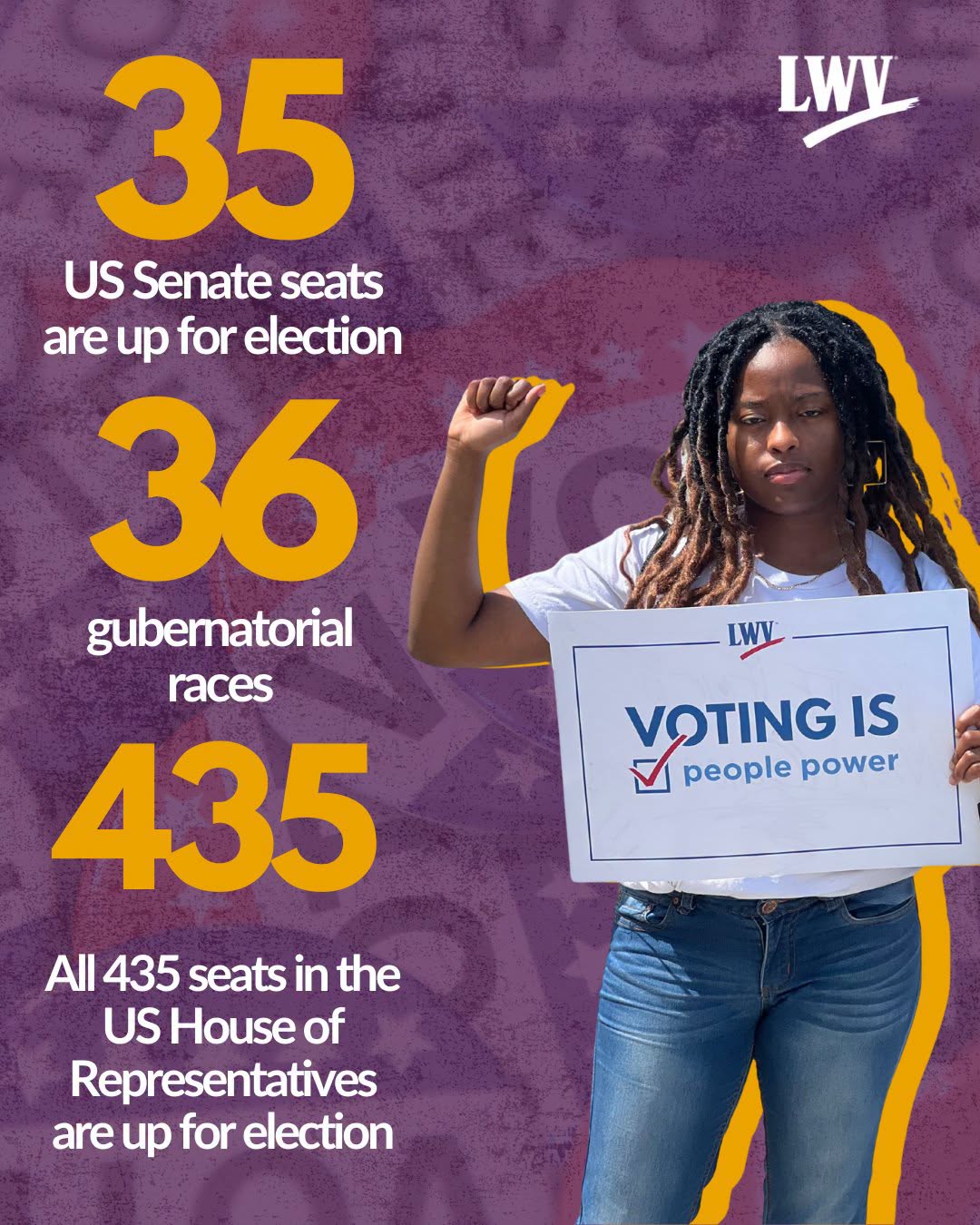 What's on the ballot for the Midterm Elections? 35 US Senate seats, 36 gubernatorial races, and all 435 seats in the US House are up for election. A person holds a sign reading 'VOTING IS people power.'