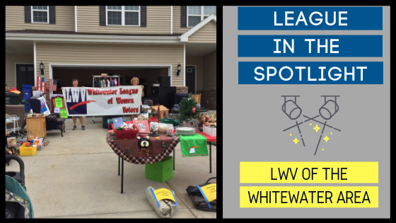 League in the Spotlight: LWV of the Whitewater Area image shows a picture of their garage sale fundraiser
