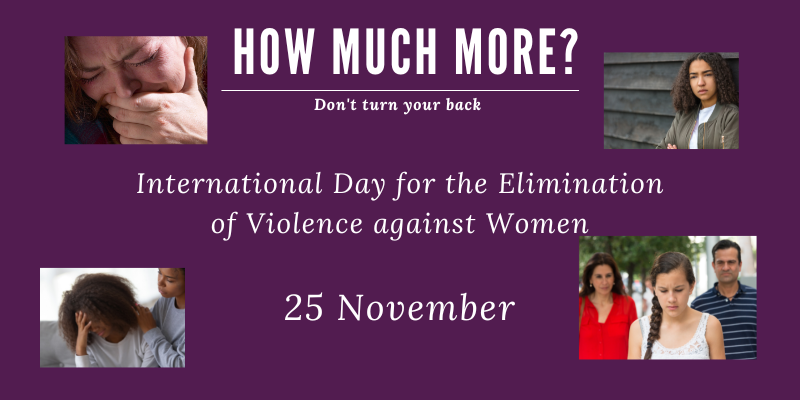 Graphic with photos of women and text reading: "How Much More" and "International Day for the Elimination of Violence against Women is 25 November"