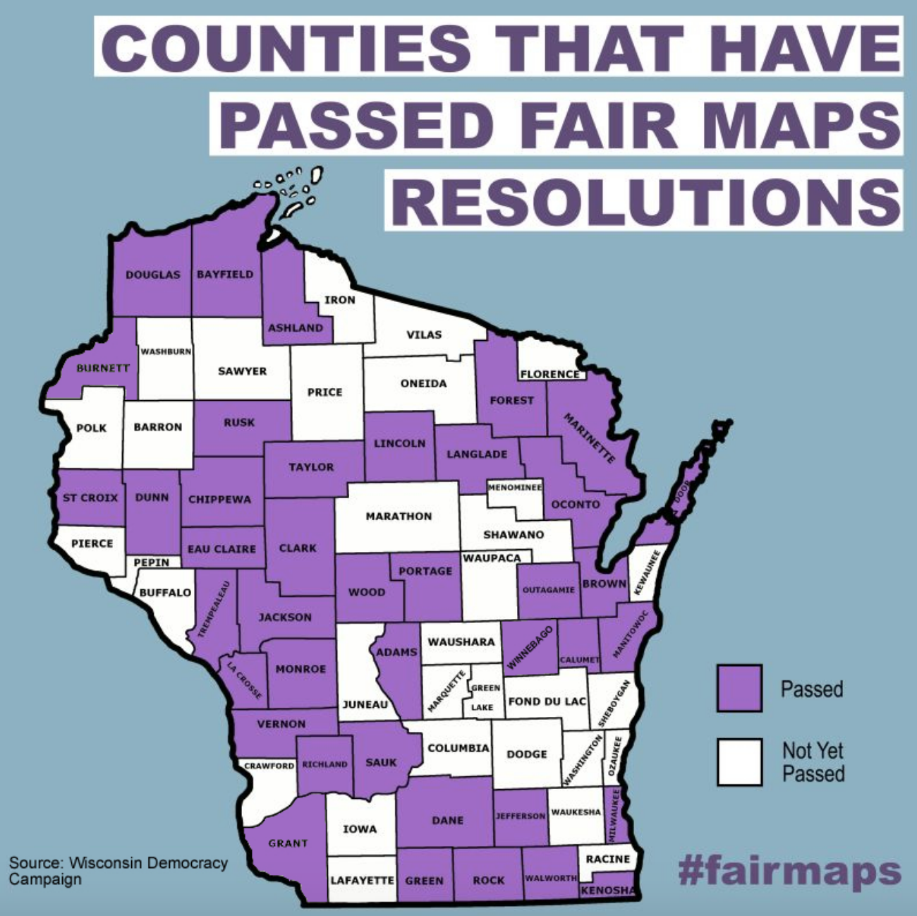 Map of Wisconsin after Winnebago Co becomes 40th County to join fair maps resolution