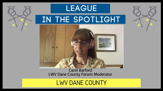 Graphic with text, "League in the Spotlight" with a photo of a member leading a virtual program