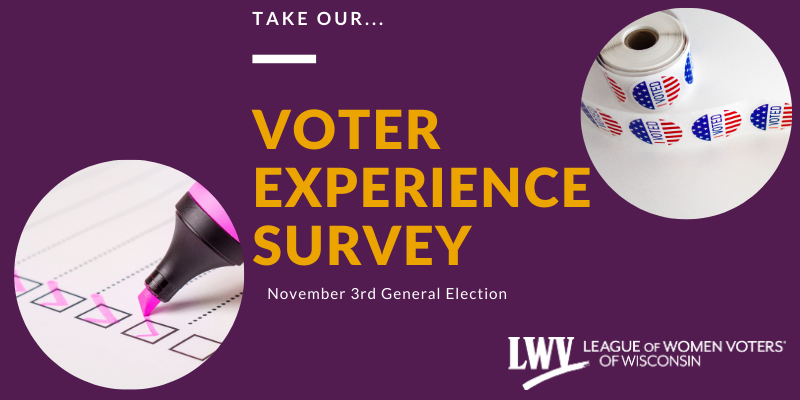 Gold text that read "Take our voter experience survey of the November 3rd General Election" over dark purple background. There is an image of voting stickers and an image of a hand taking a survey