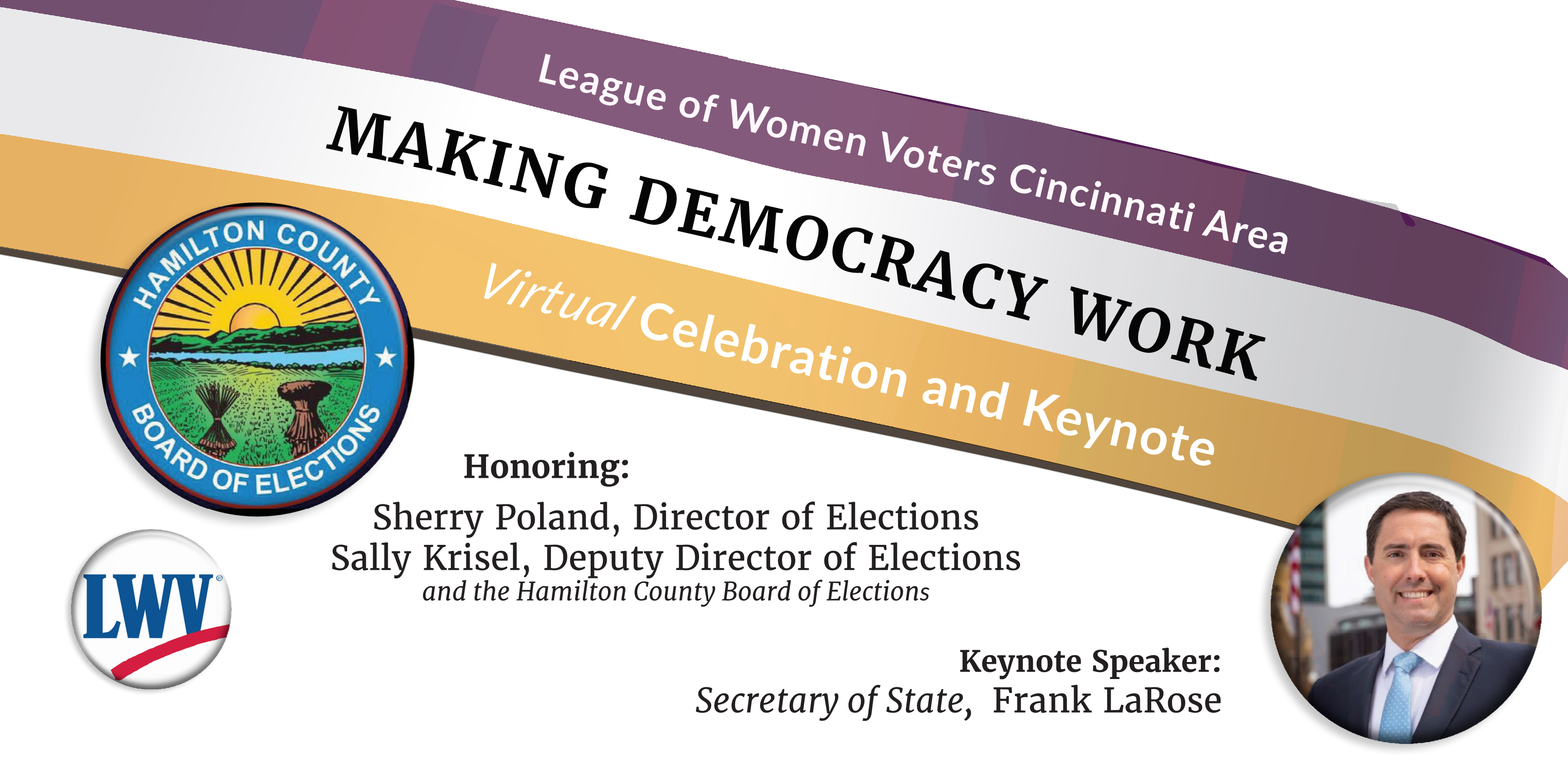 Purple, White and gold banner "League of Women Voters Cincinnati Area Making Democracy Work Celebration"