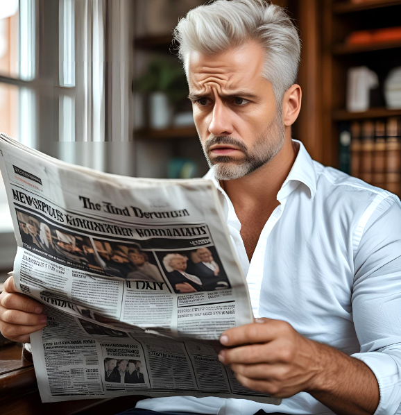 man grey hair reading newspaper confused