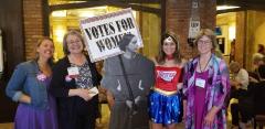 LWVO Co-Presidents Alison Ricker and Mary Kirtz Van Nortwick, Executive Director Jen Miller, and Development Director Sherry Rose pose with Susan B. Anthony at LWVUS Convention